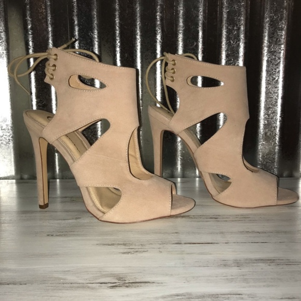 OLIVIA JAYMES suede tan lace-up heels